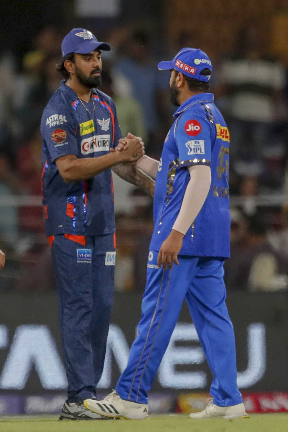 KL Rahul and Rohit Sharma greet each other at the end of the match