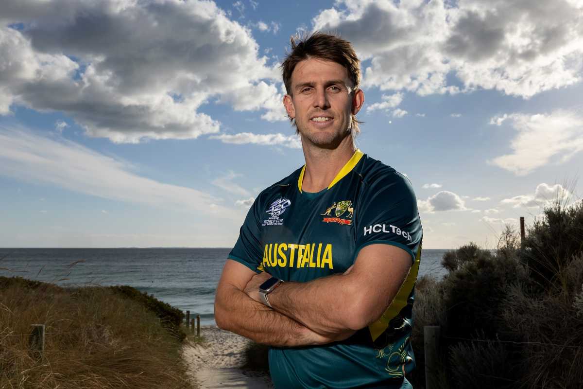 Australia T20I captain Mitchell Marsh poses in their new jersey for the T20 World Cup