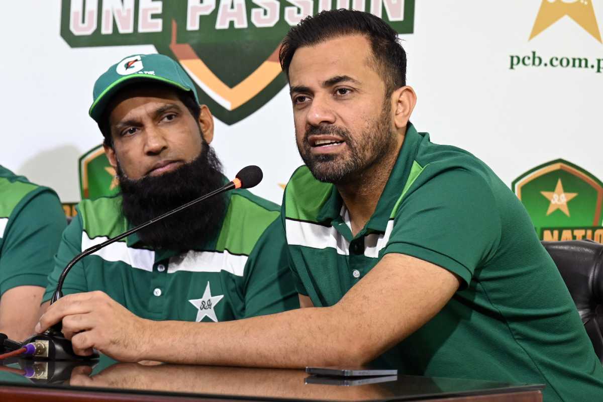 Pakistan selectors Mohammad Yousuf and Wahab Riaz at the announcement of Pakistan's squads for the T20I series against Ireland and England