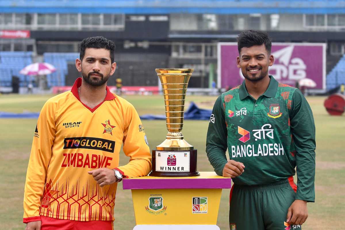 Sikandar Raza and Najmul Hossain Shanto at the trophy unveiling ahead of the T20Is