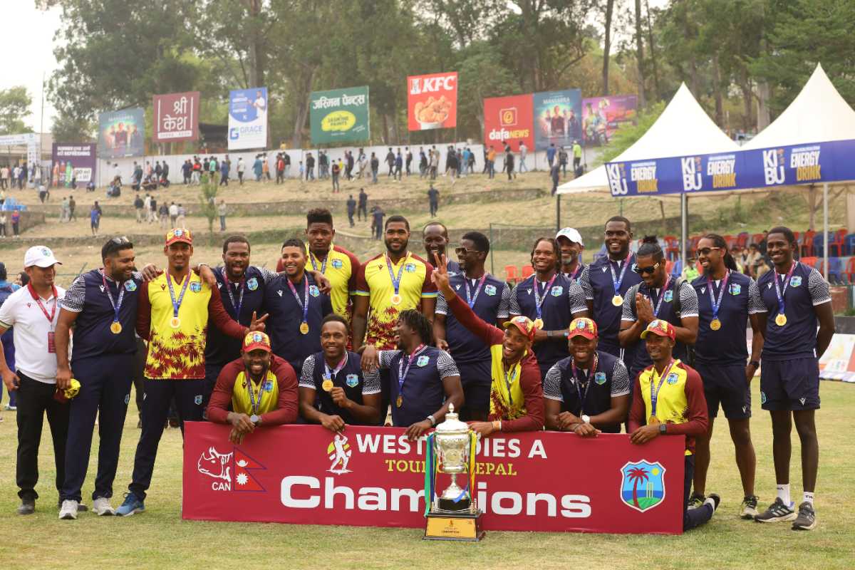 West Indies A with their trophy after beating Nepal 3-2, Nepal vs West Indies A, 5th T20, Kirtipur, May 4, 2024