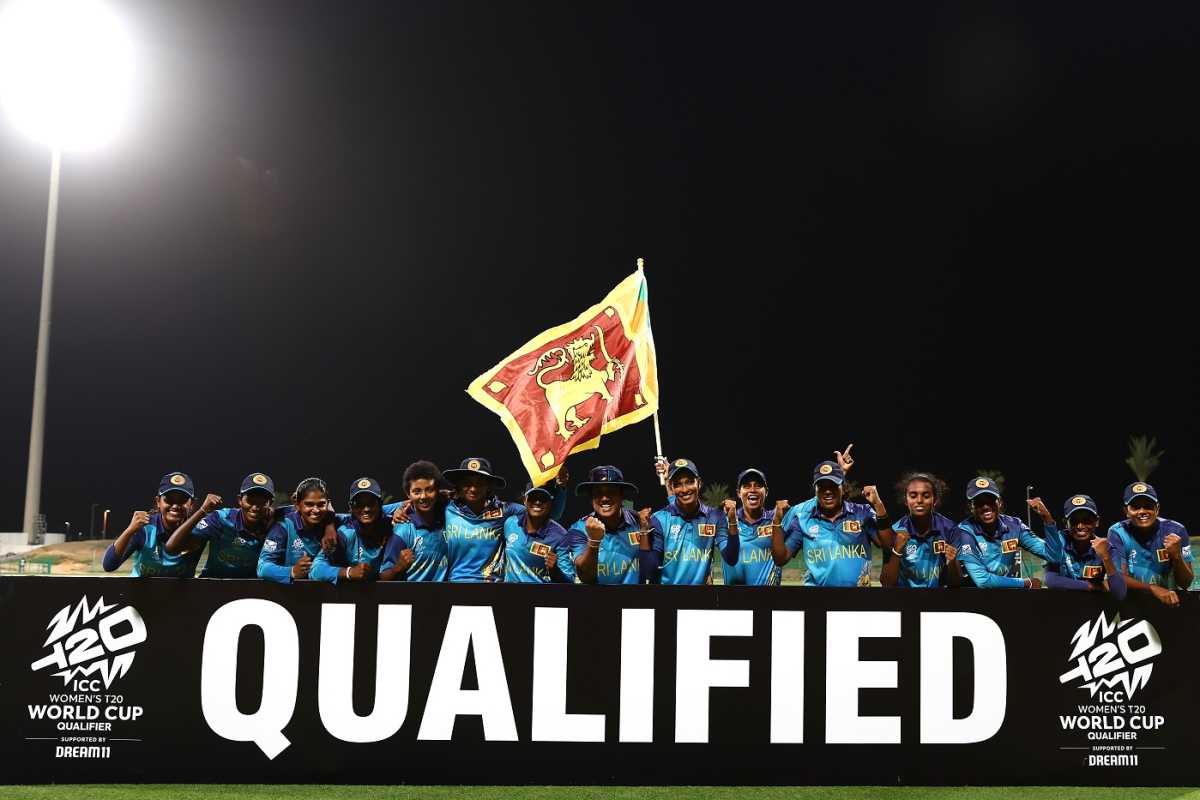 Sri Lanka players pose after securing their T20 World Cup qualification