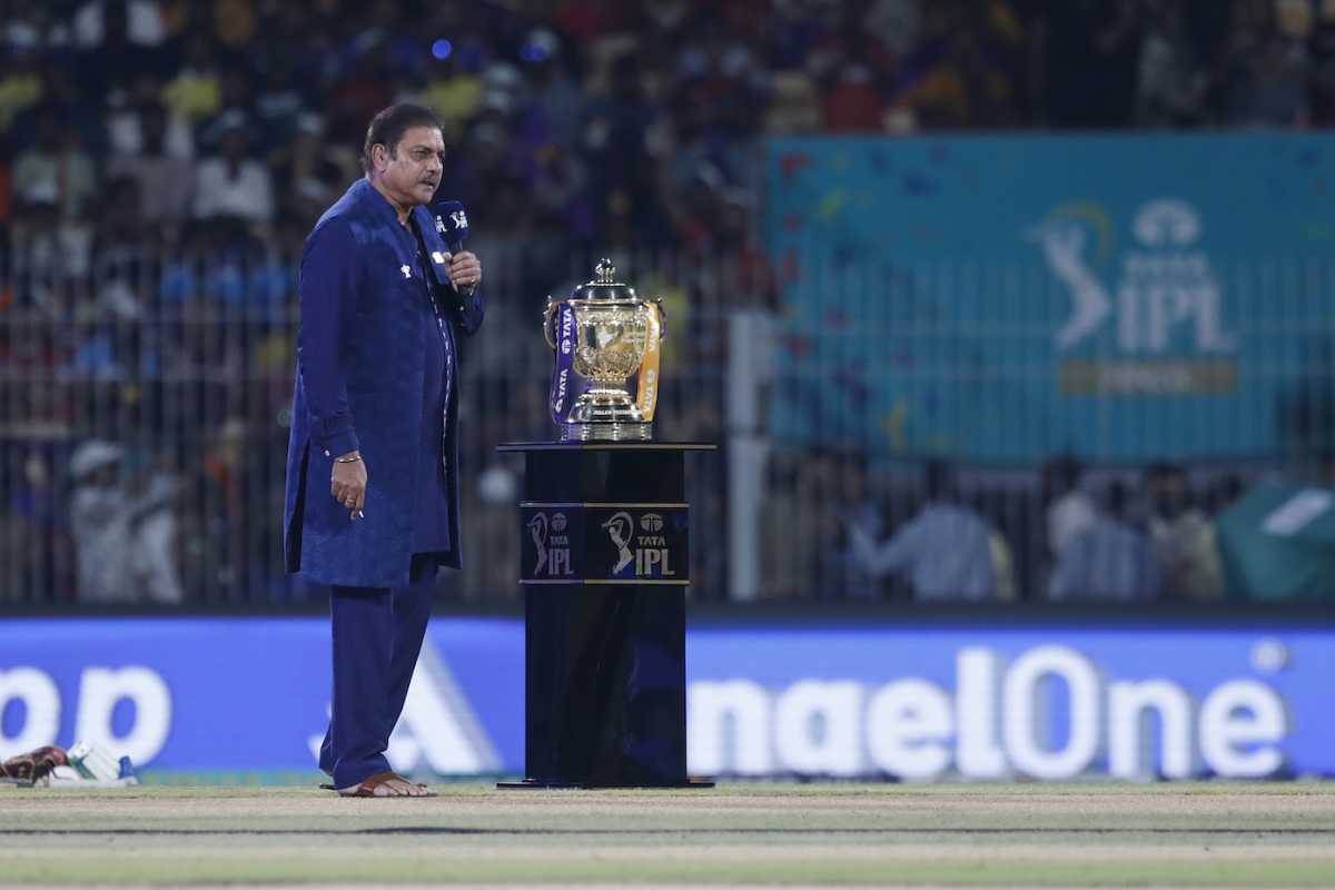 The prestigious award stands tall... and next to Ravi Shastri is the IPL trophy, Kolkata Knight Riders vs Sunrisers Hyderabad, IPL 2024 final, Chennai, May 26, 2024