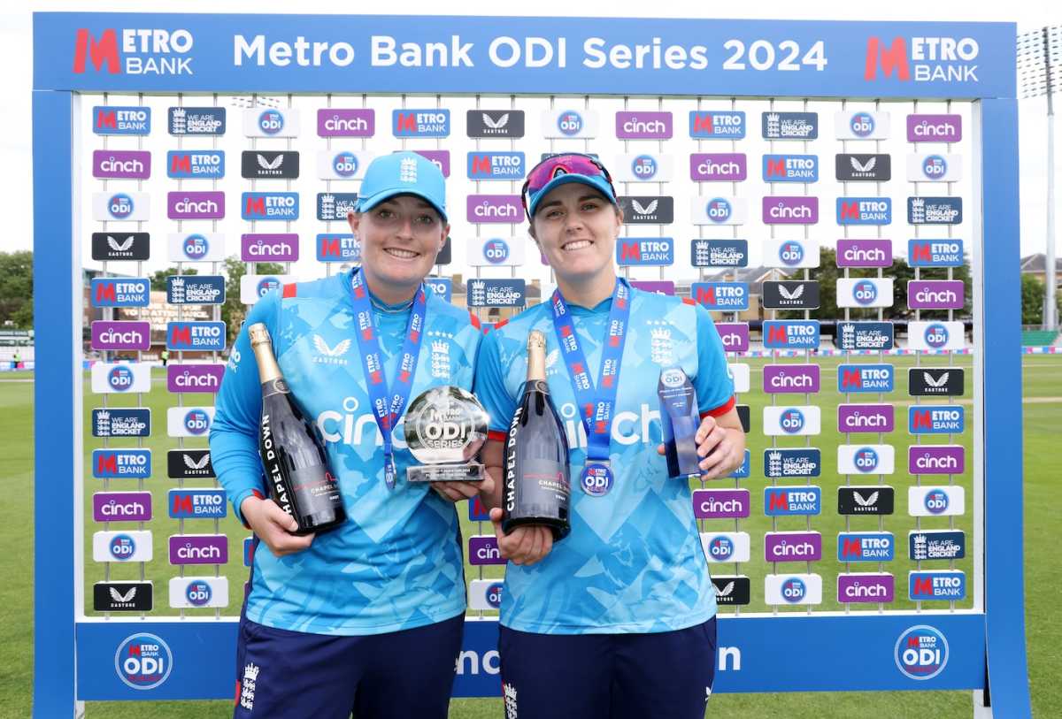 Player of the match Nat Sciver-Brunt and player of the series Sophie Ecclestone pose with their gongs, England vs Pakistan, 3rd Women's ODI, Chelmsford, May 29, 2024
