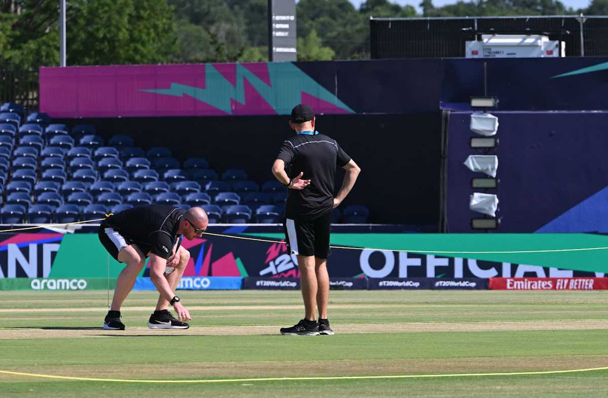 Officials check the pitch at Grand Prairie Stadium two days out from the World Cup opener, T20 World Cup 2024, Dallas, May 31, 2024 