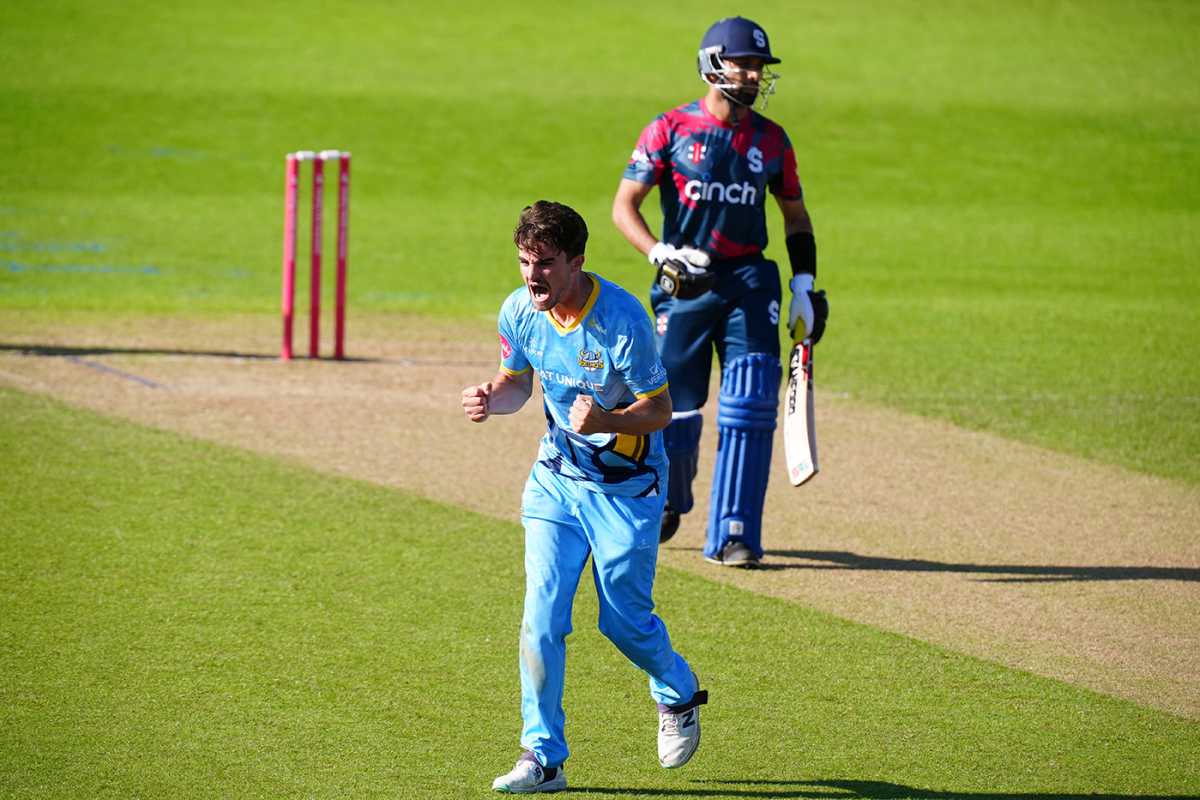 Jordan Thompson belts out a wicket celebration, Vitality Blast, Northamptonshire vs Yorkshire, Northampton, June 2, 2024