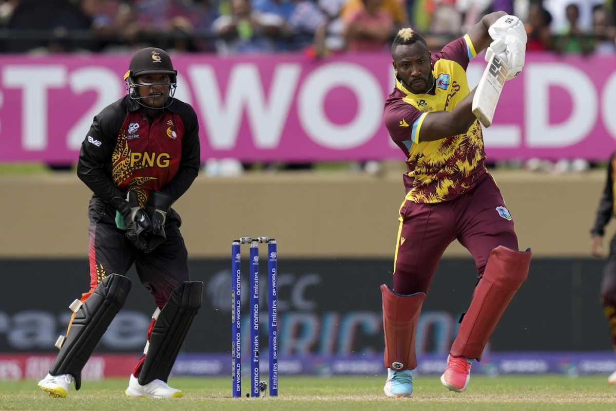 Andre Russell hits down the ground, West Indies vs Papua New Guinea, 2024 T20 World Cup, Providence, Guyana, June 2, 2024