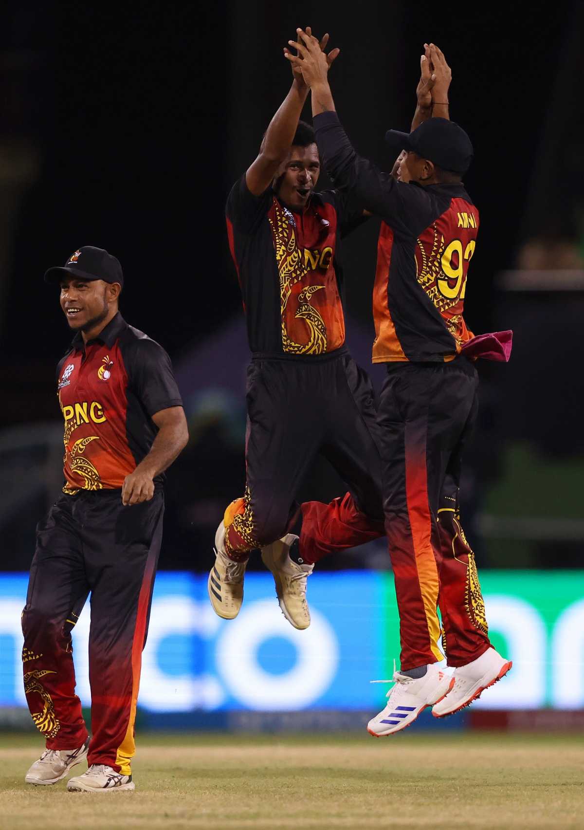Alei Nao celebrates a wicket, Papua New Guinea vs Uganda, T20 World Cup, Providence, June 5, 2024