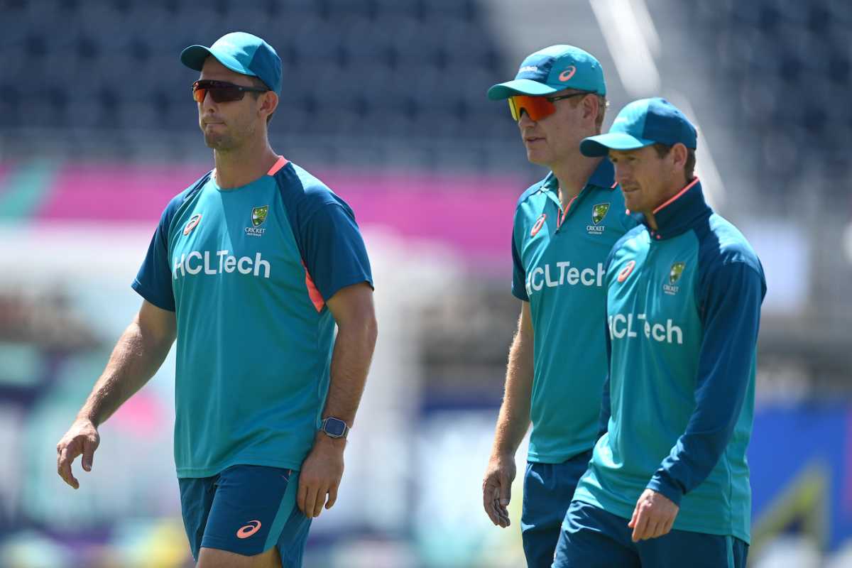 Mitchell Marsh, Andrew McDonald and George Bailey look on during training, Australia vs England, T20 World Cup 2024, Bridgetown, June 7, 2024
