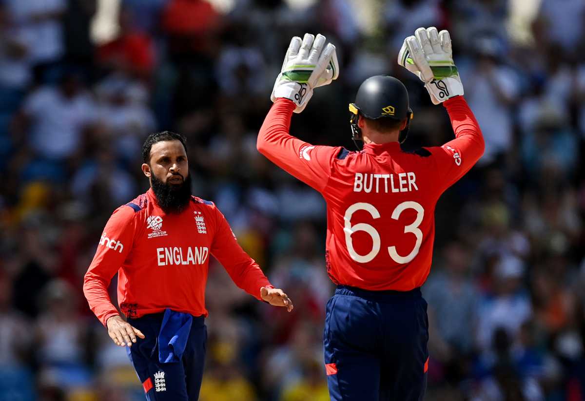 Adil Rashid gets a pair of high fives from his captain, Australia vs England, T20 World Cup 2024, Bridgetown, June 8, 2024