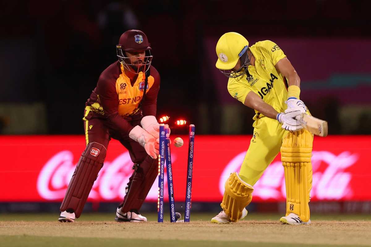 Riazat Ali Shah was done in by an inswinging arm ball, West Indies vs Uganda, Men's T20 World Cup 2024, Guyana, June 8, 2024