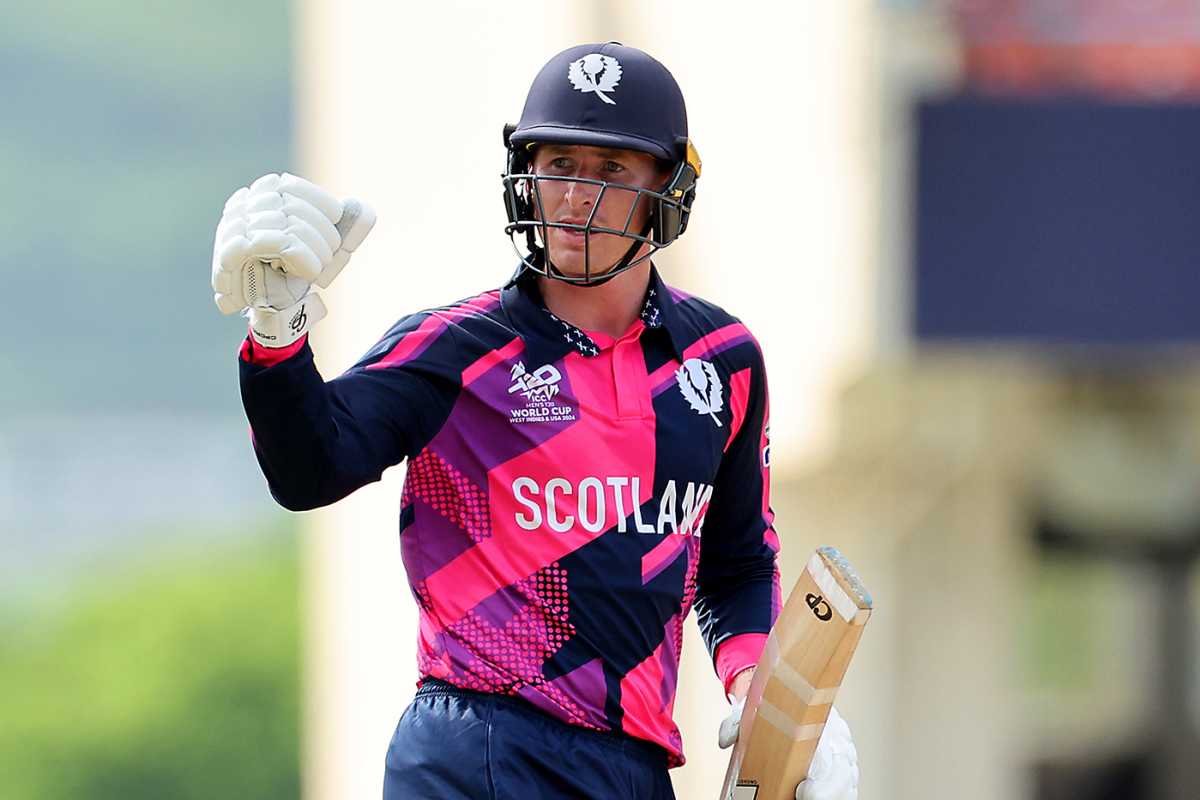 Brandon McMullen celebrates after finishing off Scotland's chase, Scotland vs Oman, T20 World Cup, Antigua, June 9, 2024