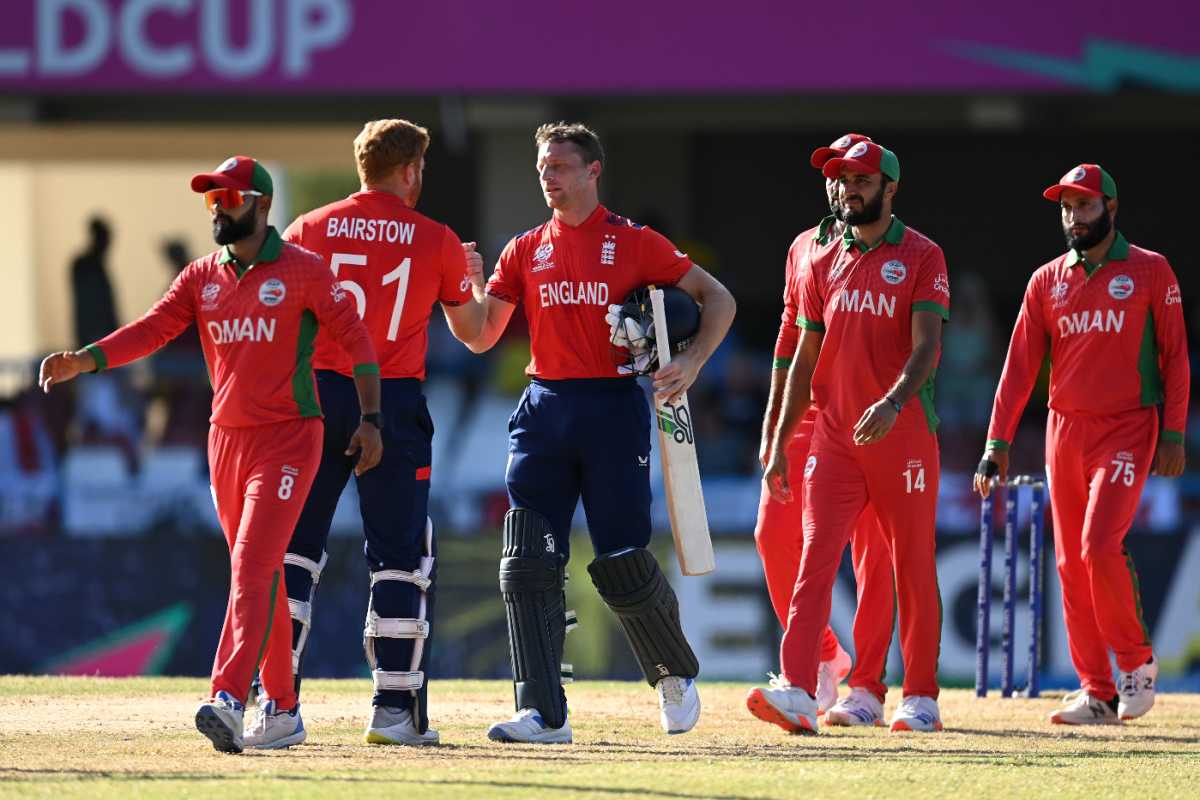 Jos Buttler and Jonny Bairstow finished the chase with 30 from just 8 deliveries, England vs Oman, T20 World Cup, Group B, Antigua, June 13, 2024