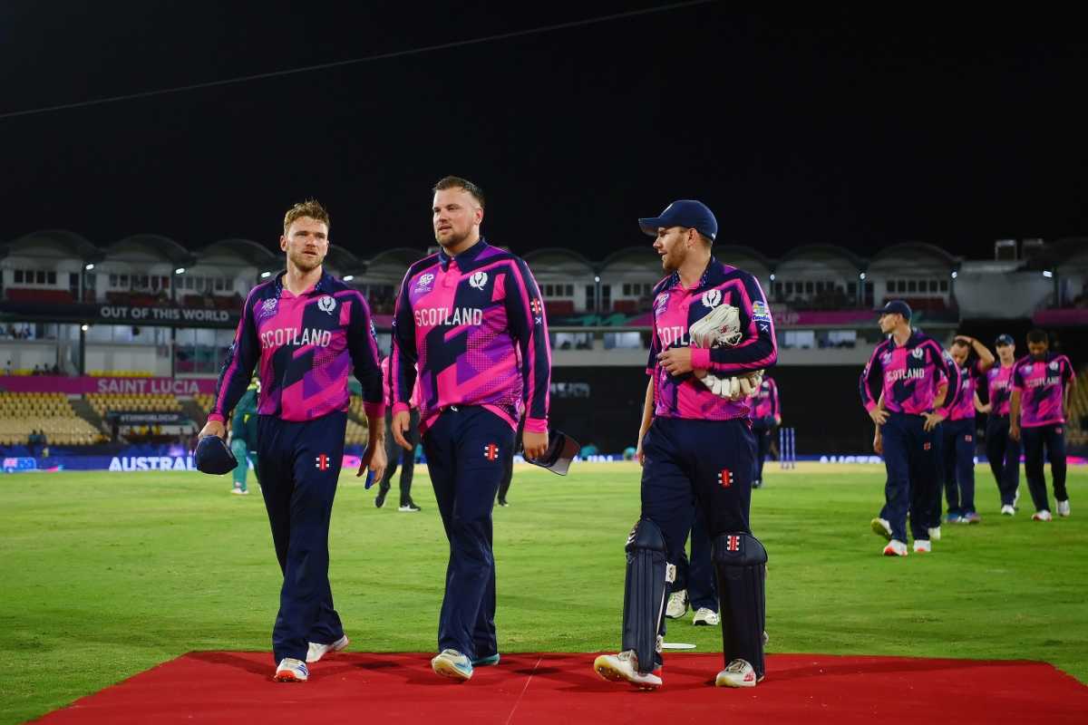 A dejected Richie Berrington, Mark Watt and Matthew Cross walk back, Australia vs Scotland, T20 World Cup 2024, Gros Islet, June 15, 2024