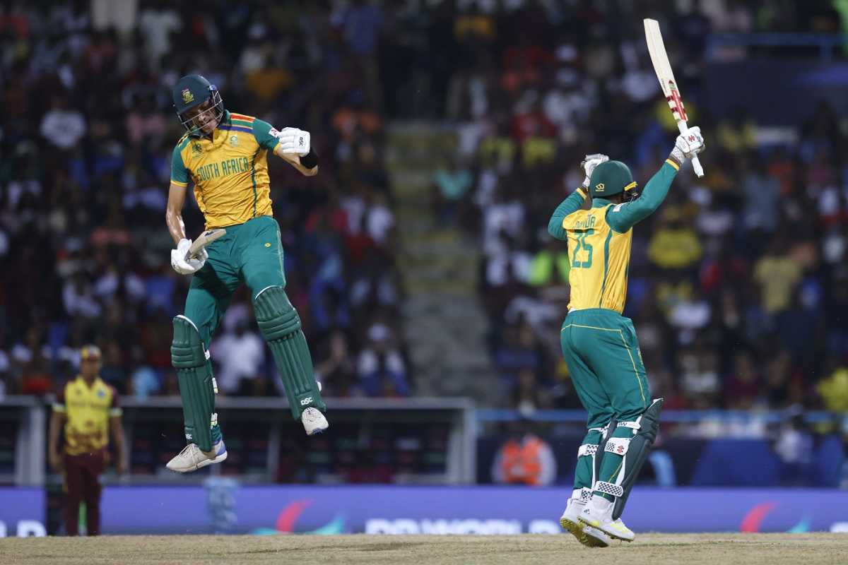 Marco Jansen and Kagiso Rabada celebrate the win, West Indies vs South Africa, T20 World Cup 2024, Super Eight, North Sound, June 23, 2024