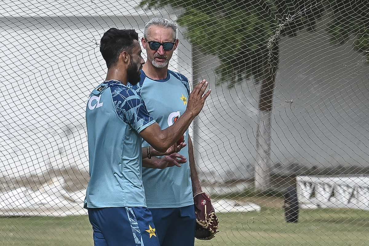 Pakistan's Test coach Jason Gillespie at a training session, Karachi, July 7, 2024
