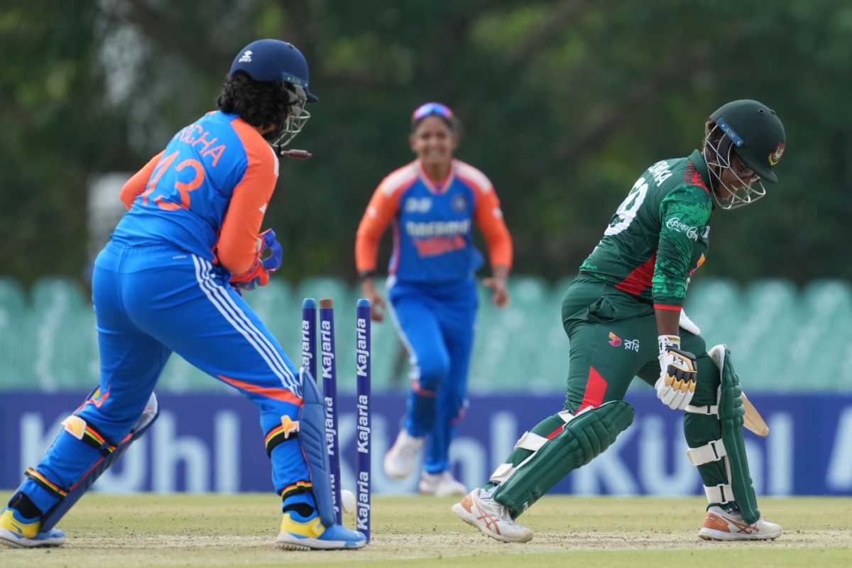 Rumana Ahmed was castled by Radha Yadav for 1, India vs Bangladesh, Women's Asia Cup 2024, semi-final, Dambulla, July 26, 2024