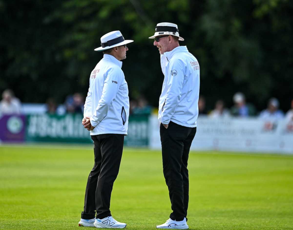 Rain kept on-field umpire Richard Kettleborough and reserve umpire Jonathan Kennedy busy, Ireland vs Zimbabwe, Only Test, Belfast, 2nd day, July 26, 2024