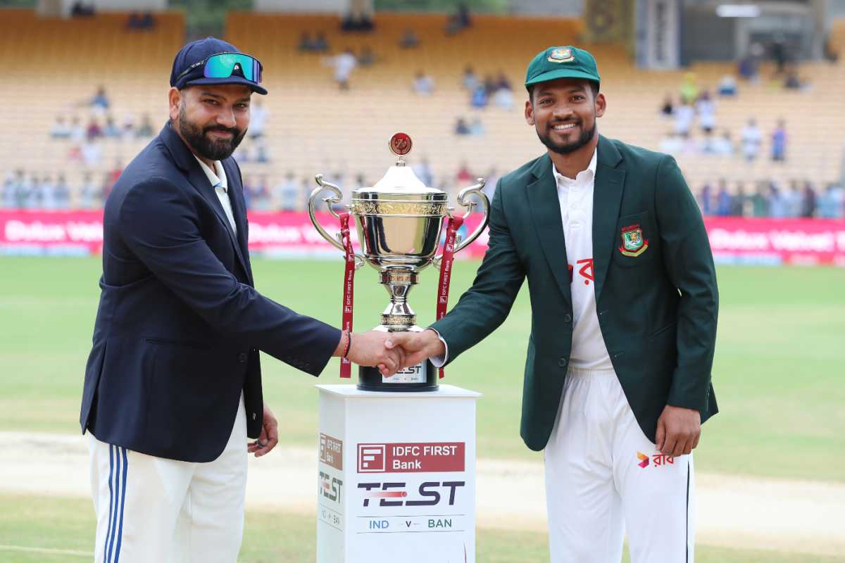 Rohit Sharma and Najmul Hossain Shanto with the trophy they are chasing, India vs Bangladesh, 1st Test, Chennai, September 19, 2024