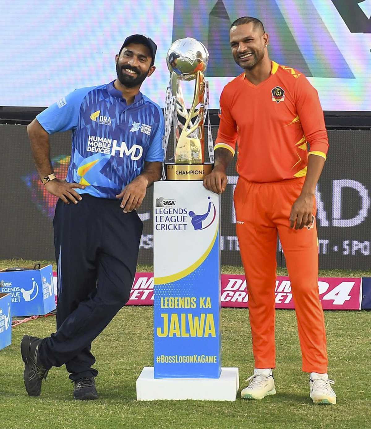 Dinesh Karthik and Shikhar Dhawan pose with the Legends League Trophy, Jodhpur, September 23, 2024