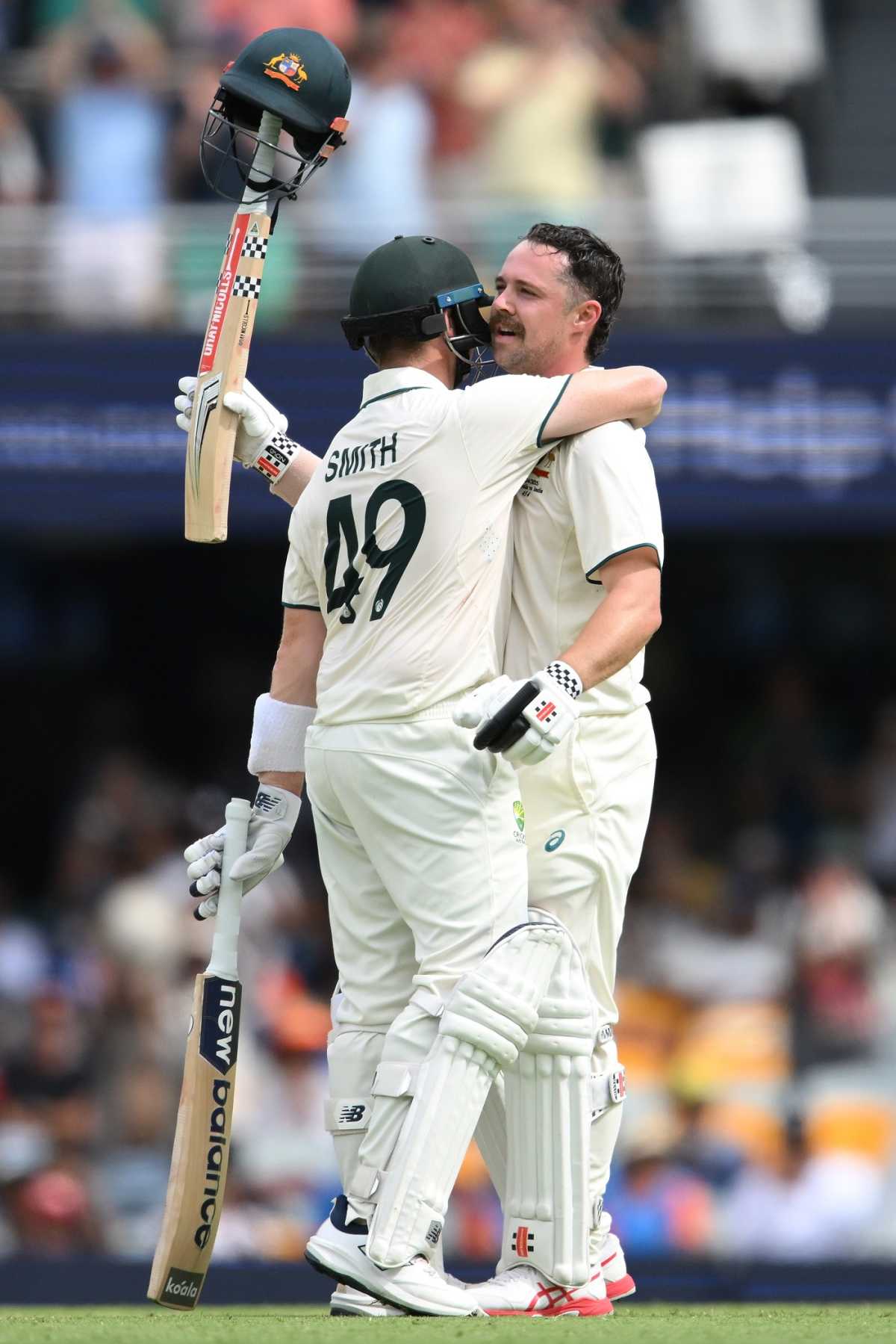 Travis Head celebrates his century with Steven Smith, Australia vs India, 3rd Test, Brisbane, 2nd day, December 15, 2024