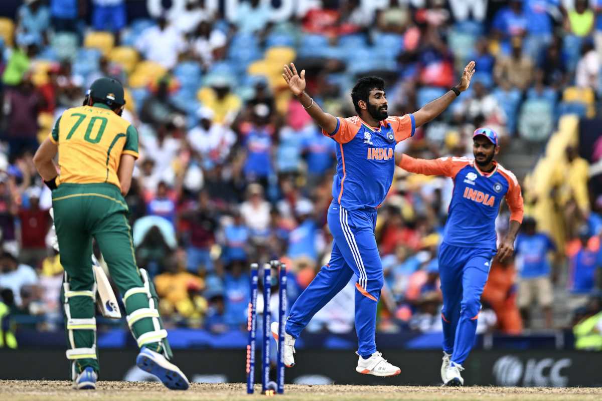 Jasprit Bumrah sent back Marco Jansen in his final over, India vs South Africa, T20 World Cup final, Bridgetown, Barbados, June 29, 2024