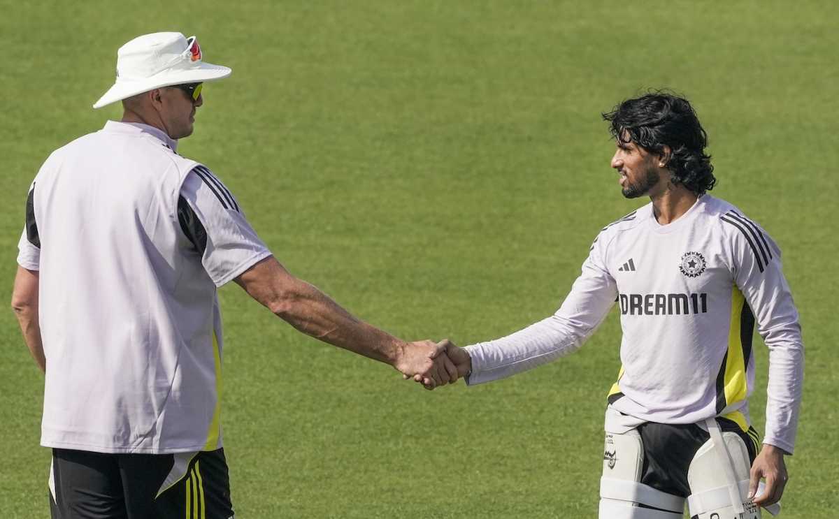 Tilak Varma gets the good old handshake from bowling coach Morne Morkel, Kolkata, January 20, 2025