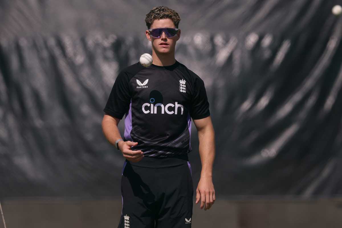 Jacob Bethell prepares to have a bowl in the nets, Rajkot, January 27, 2025