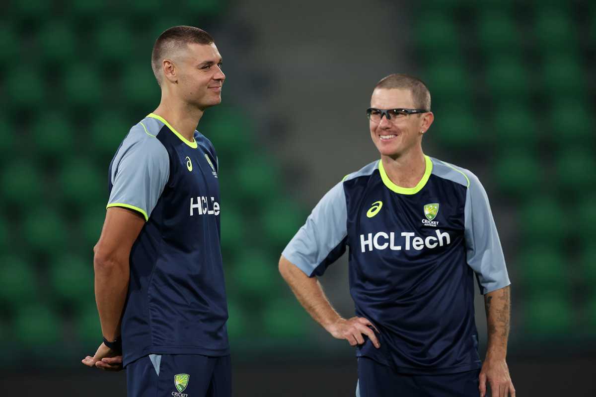 Spencer Johnson sports a new look in training after a haircut from Adam Zampa, Australia training, Champions Trophy 2025, Lahore, February 21, 2025