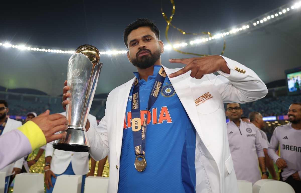 Shreyas Iyer with his first ICC trophy, India vs New Zealand, Champions Trophy final, Dubai, March 9, 2025