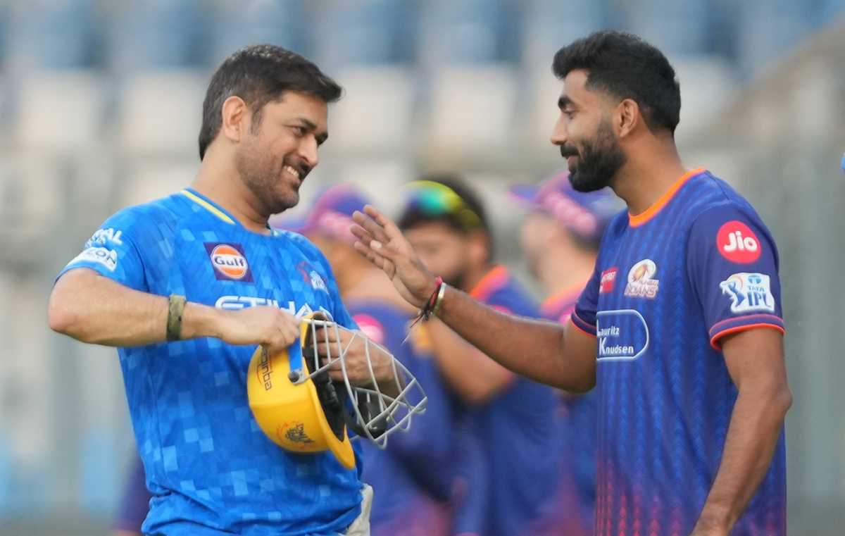 MS Dhoni and Jasprit Bumrah get together at the Wankhede, Mumbai Indians vs Chennai Super Kings, IPL 2025, Mumbai, April 19, 2025