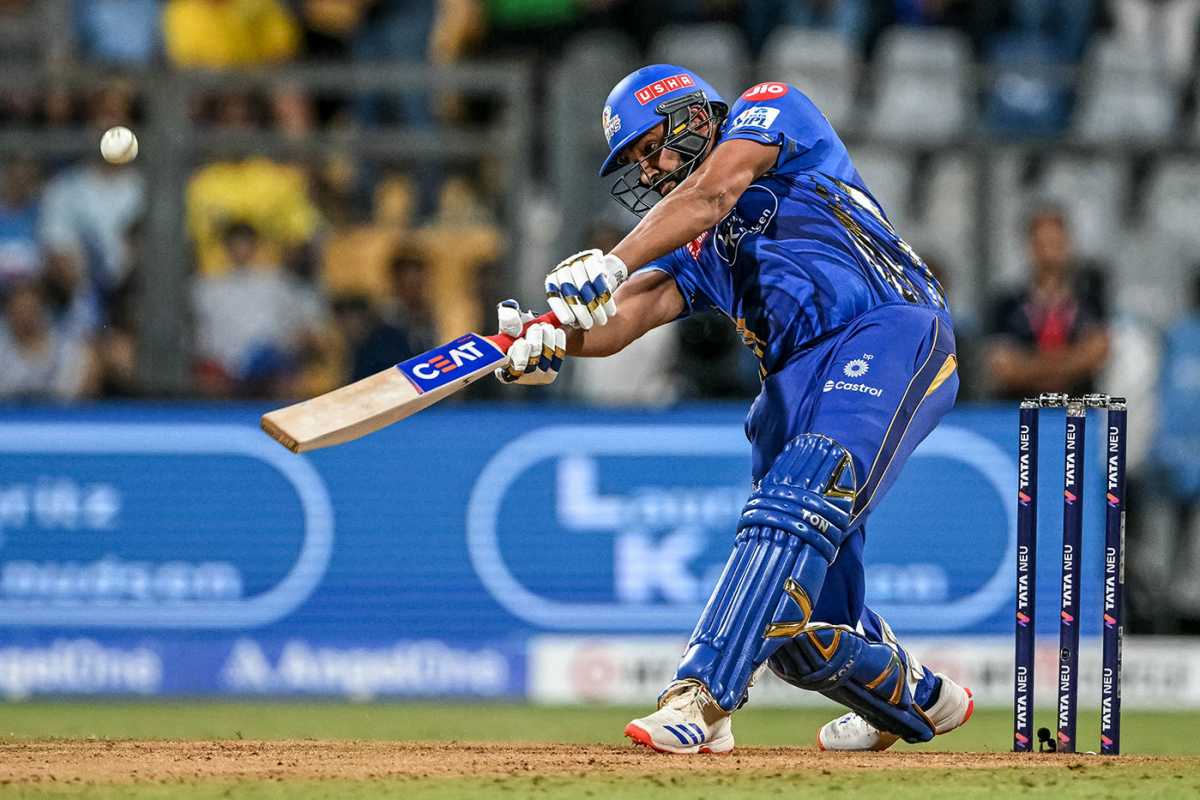 Rohit Sharma goes over the off side, Mumbai Indians vs Chennai Super Kings, IPL 2025, Mumbai, April 20, 2025
