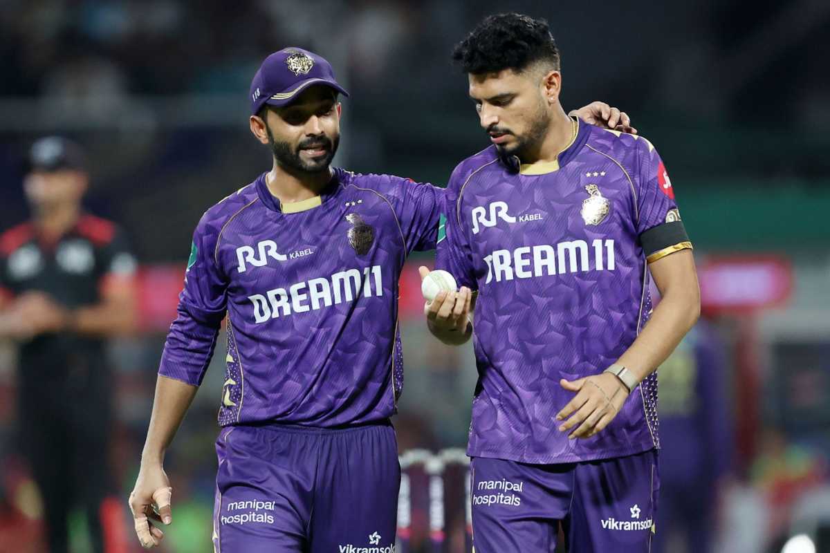 Ajinkya Rahane has a chat with Vaibhav Arora, Kolkata Knight Riders vs Punjab Kings, Kolkata, IPL 2025, April 26, 2025