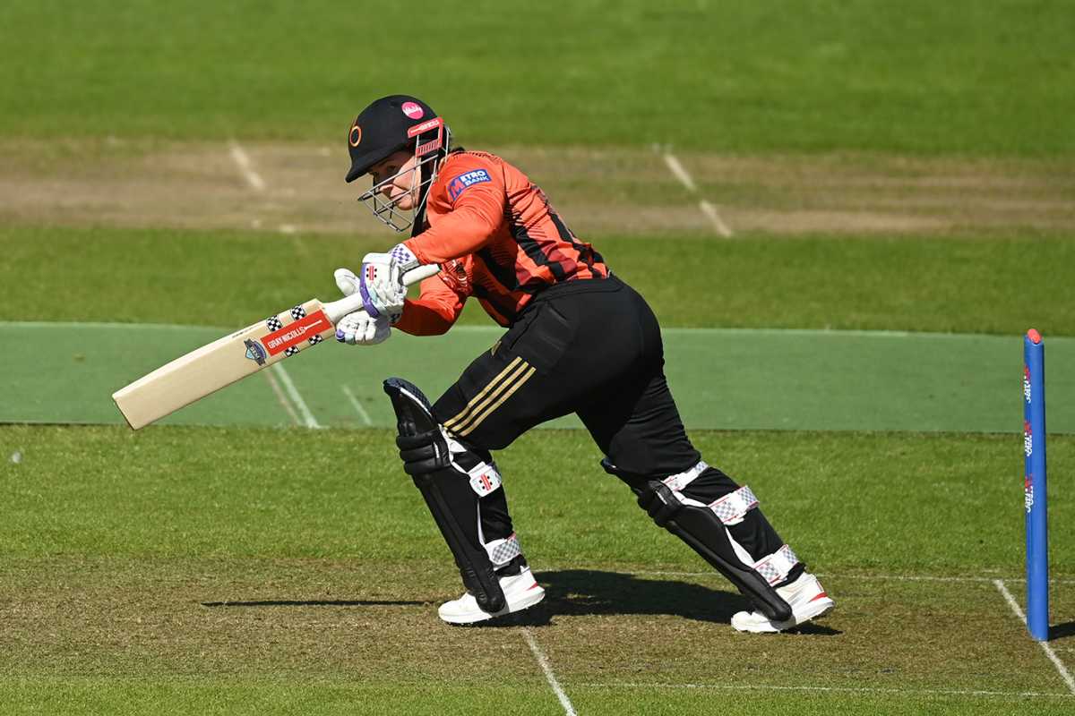 Tammy Beaumont turns the ball into the leg side, Warwickshire vs The Blaze, Women's One-Day Cup, Edgbaston, April 30, 2025