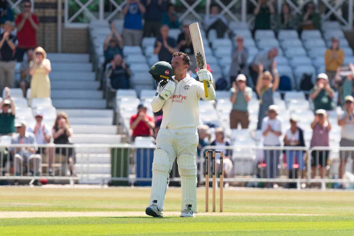 Liam Patterson-White celebrates completing his first century at Trent Bridge, County Championship, Division One, Nottinghamshire vs Hampshire, Trent Bridge, May 11, 2025