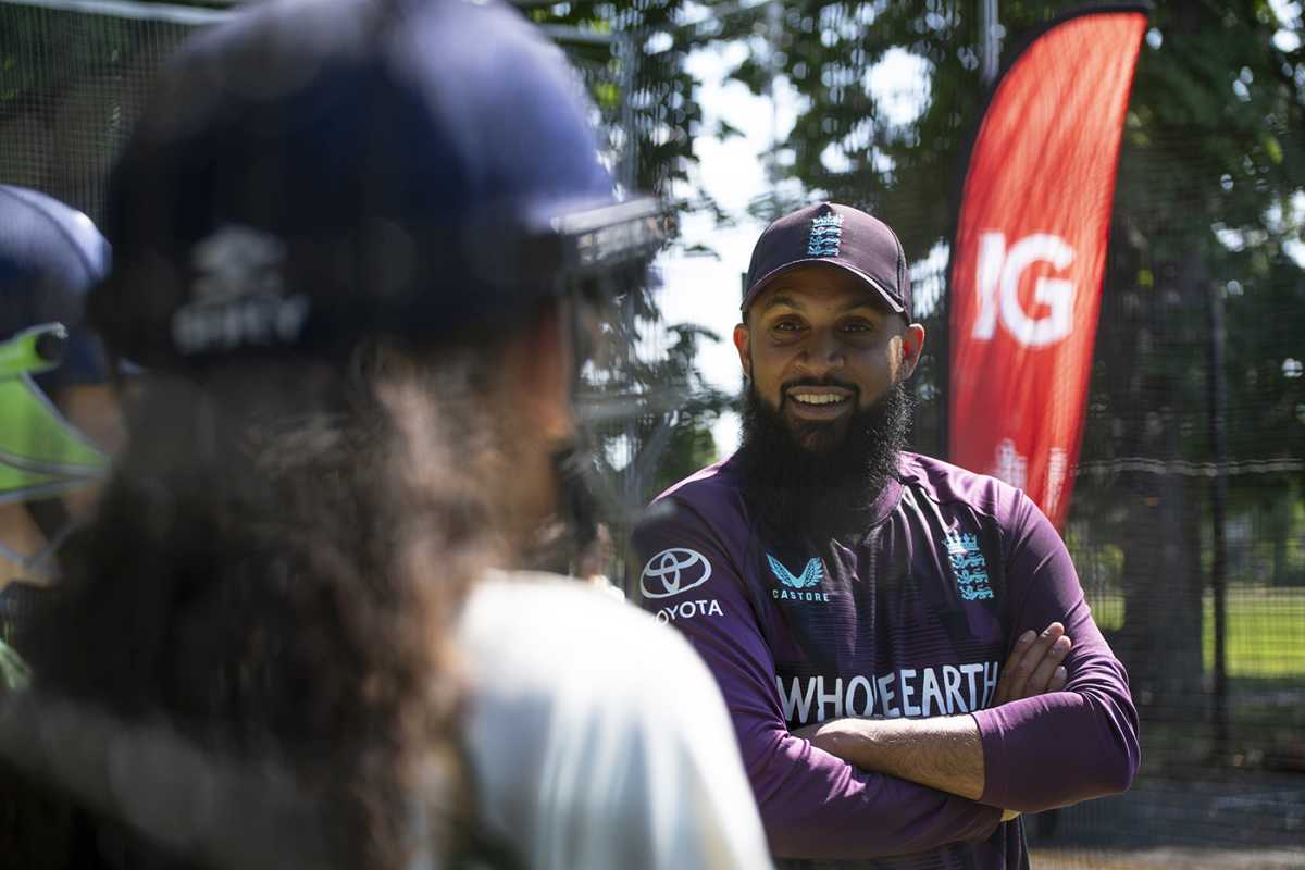 Adil Rashid speaks at a Net Gains event, London, May 14, 2025