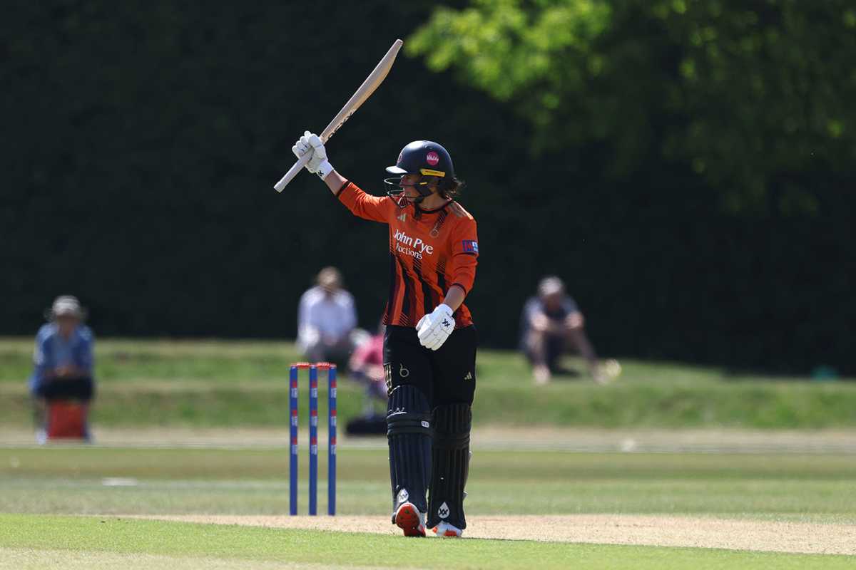 Georgia Elwiss acknowledges her fifty, Surrey vs The Blaze, Women's One-Day Cup, Beckenham, May 14, 2025