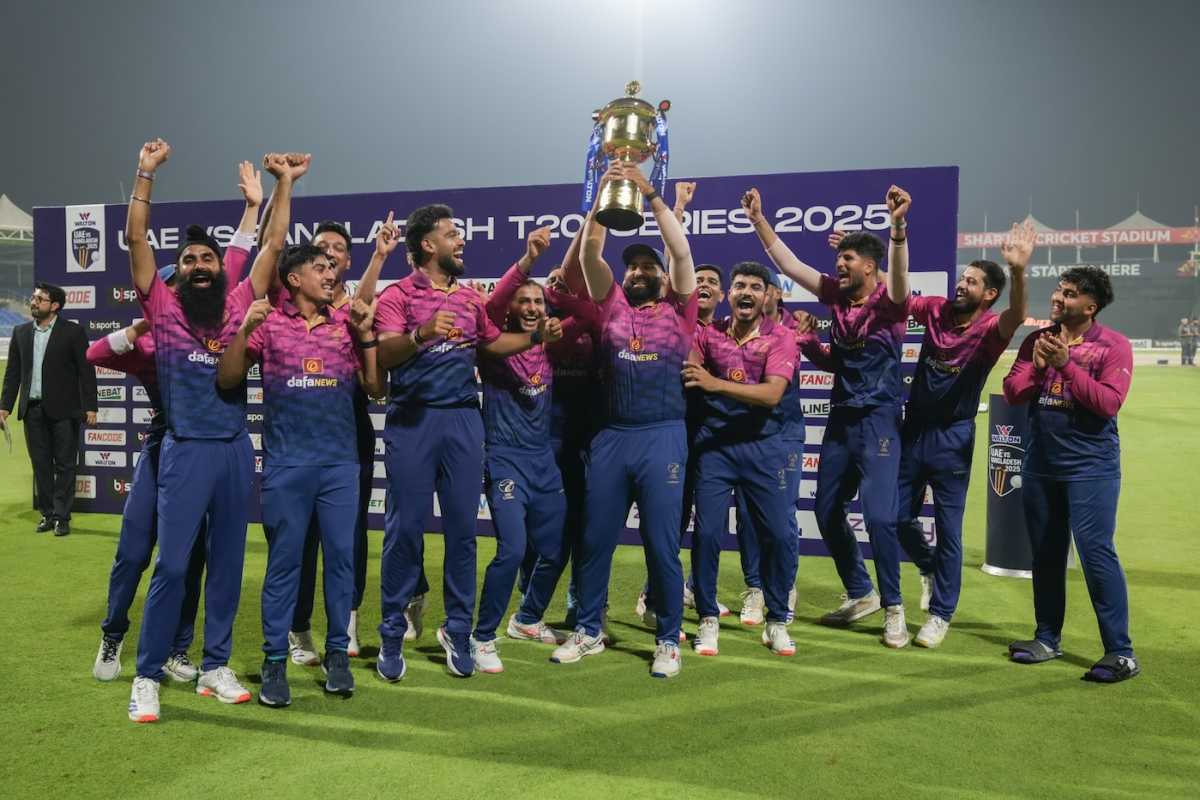 A victorious UAE team celebrates the series win, UAE vs Bangladesh, 3rd T20I, Sharjah, May 21, 2023