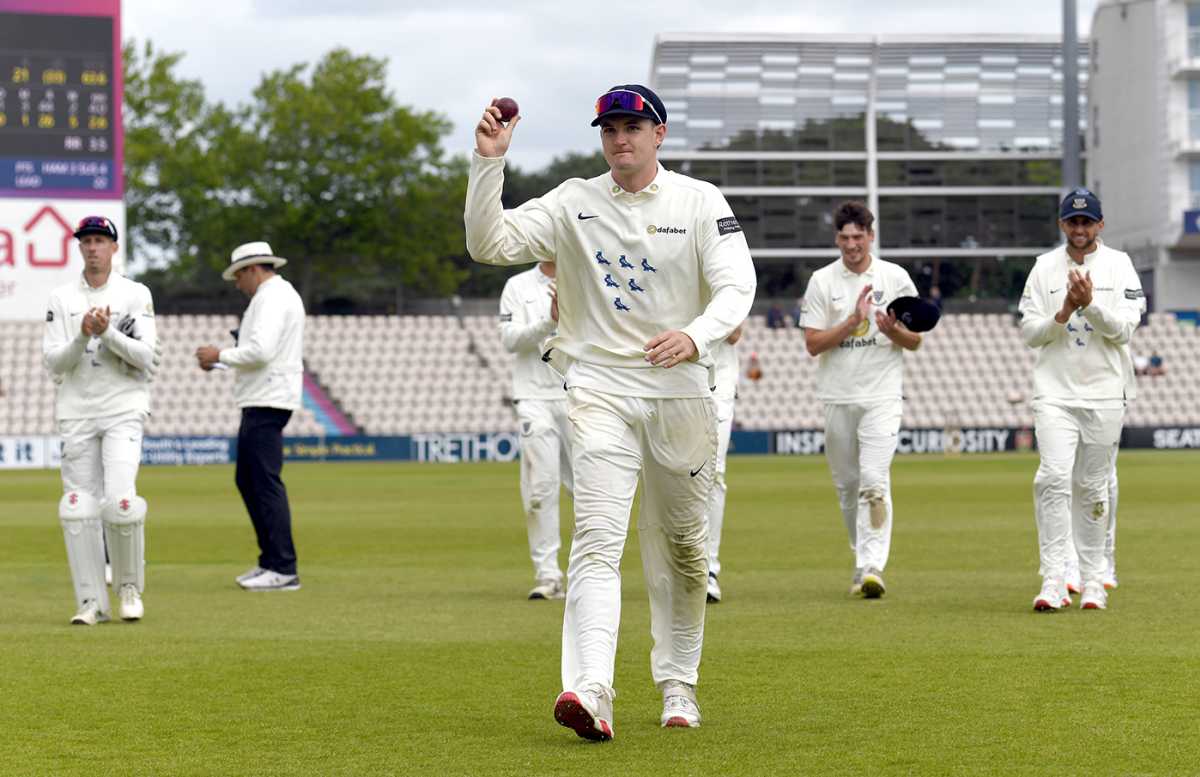 Jack Carson walks off with the match ball after taking 5 for 26, Hampshire vs Sussex, County Championship, Division One, Utilita Bowl, May 25, 2025