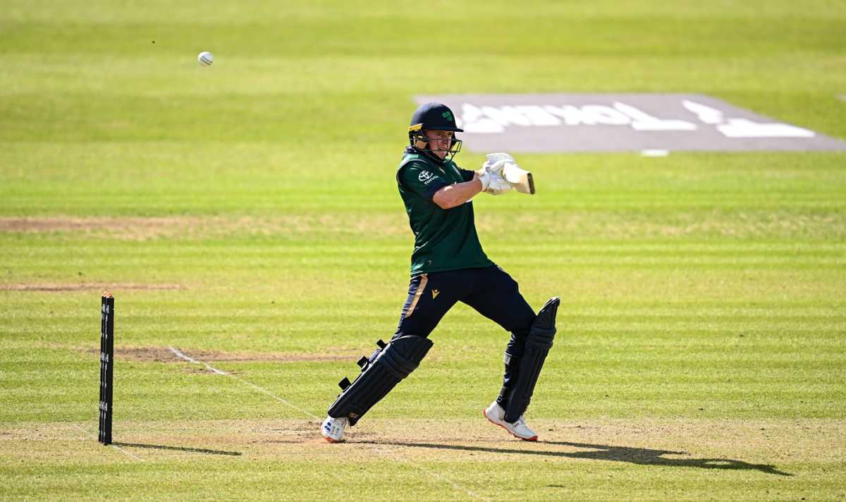 Cade Carmichael cuts one away, Ireland vs West Indies, 3rd ODI, Dublin, May 25, 2025