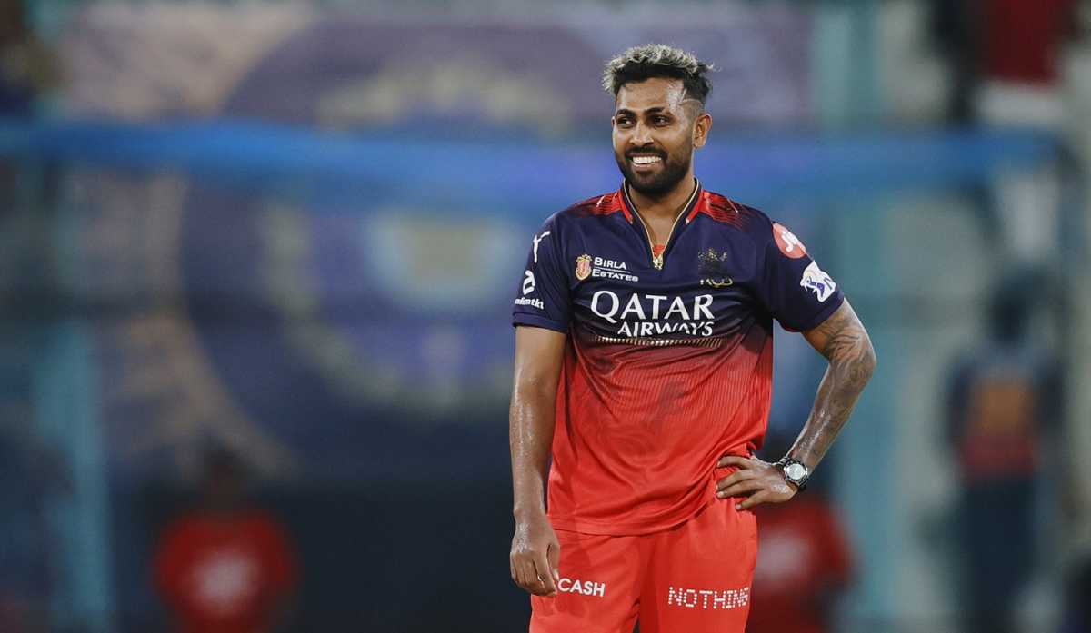 Nuwan Thushara is all smiles after striking with the new ball, Lucknow Super Giants vs Royal Challengers Bengaluru, IPL 2025, Lucknow, May 27, 2025