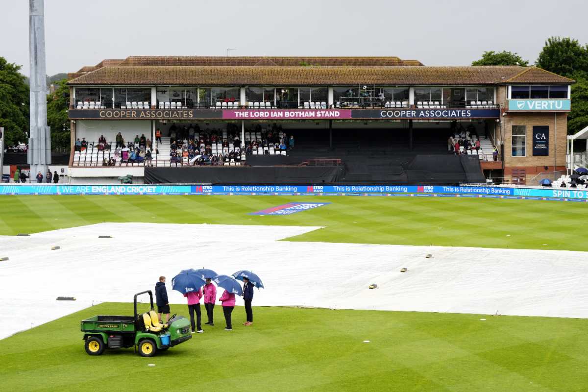 The umpires survey a gloomy scene at Taunton, England vs West Indies, 3rd Women's ODI, Taunton, June 7, 2025