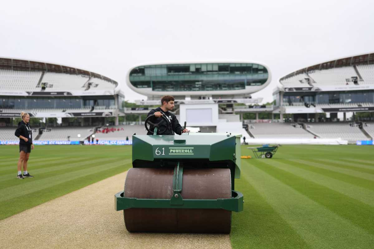 The groundstaff apply the final touches to the World Test Championship final wicket, Australia vs South Africa, World Test Championship final, Lord's, June 11, 2025