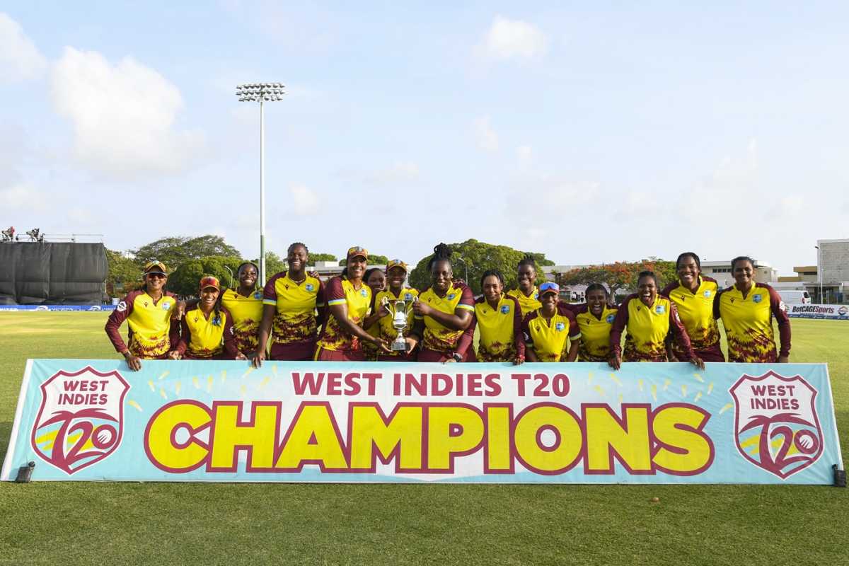 The West Indies players pose with the trophy, West Indies vs South Africa, 3rd T20I, Cave Hill, June 23, 2025