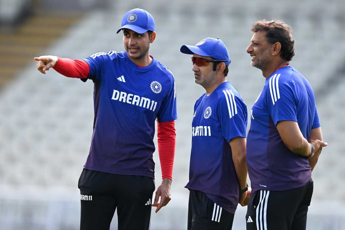 Shubman Gill has a chat with head coach Gautam Gambhir and batting coach Sitanshu Kotak, Birmingham, June 30, 2025