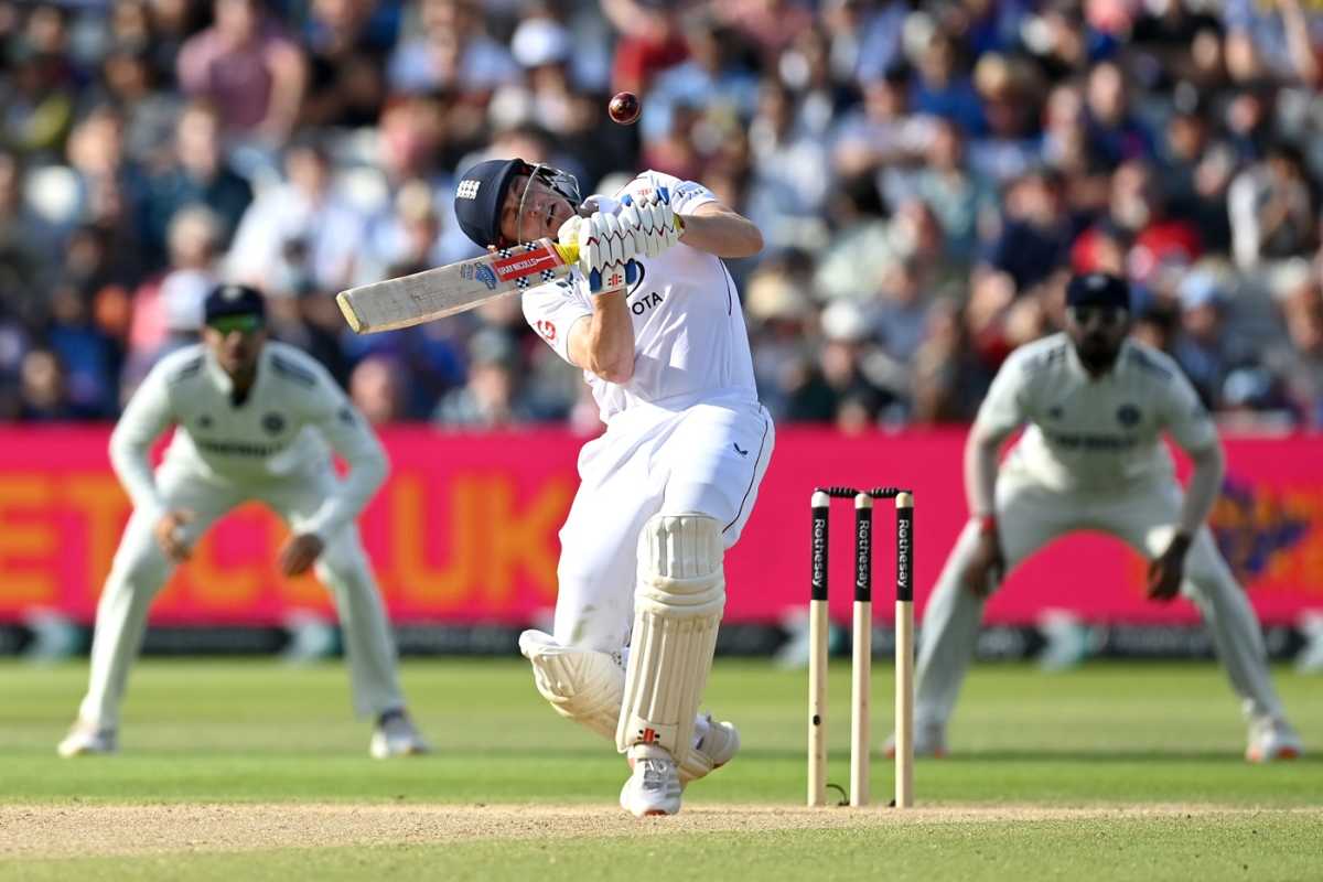 Harry Brook ducks under a short one, England vs India, 2nd Test, Birmingham, 4th day, July 5, 2025