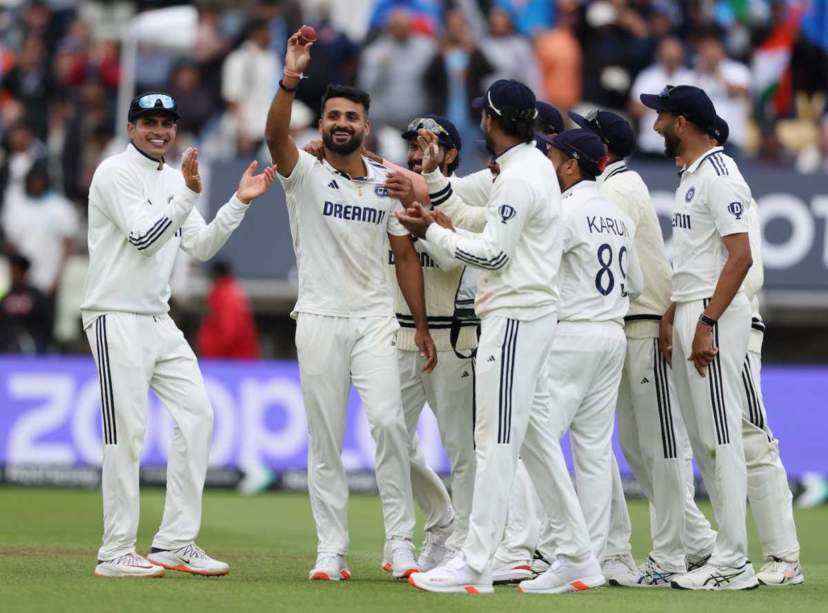Akash Deep raises the ball after taking his fifth wicket, England vs India, 2nd Test, 5th day, Birmingham, July 6, 2025