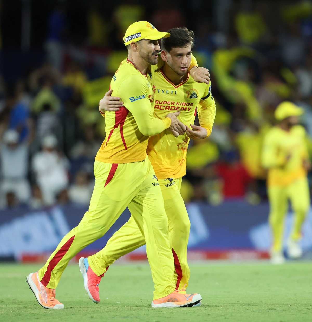 Faf du Plessis and Noor Ahmad celebrate the fall of Monank Patel, MI New York vs Texas Super Kings, MLC 2025 Qualifier 2, Dallas, July 11, 2025