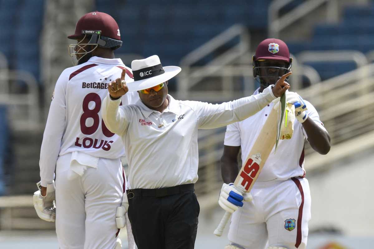Nitin Menon signals for a review by Kevlon Anderson, West Indies vs Australia, 3rd Test, Kingston, Day 3, July 14, 2025