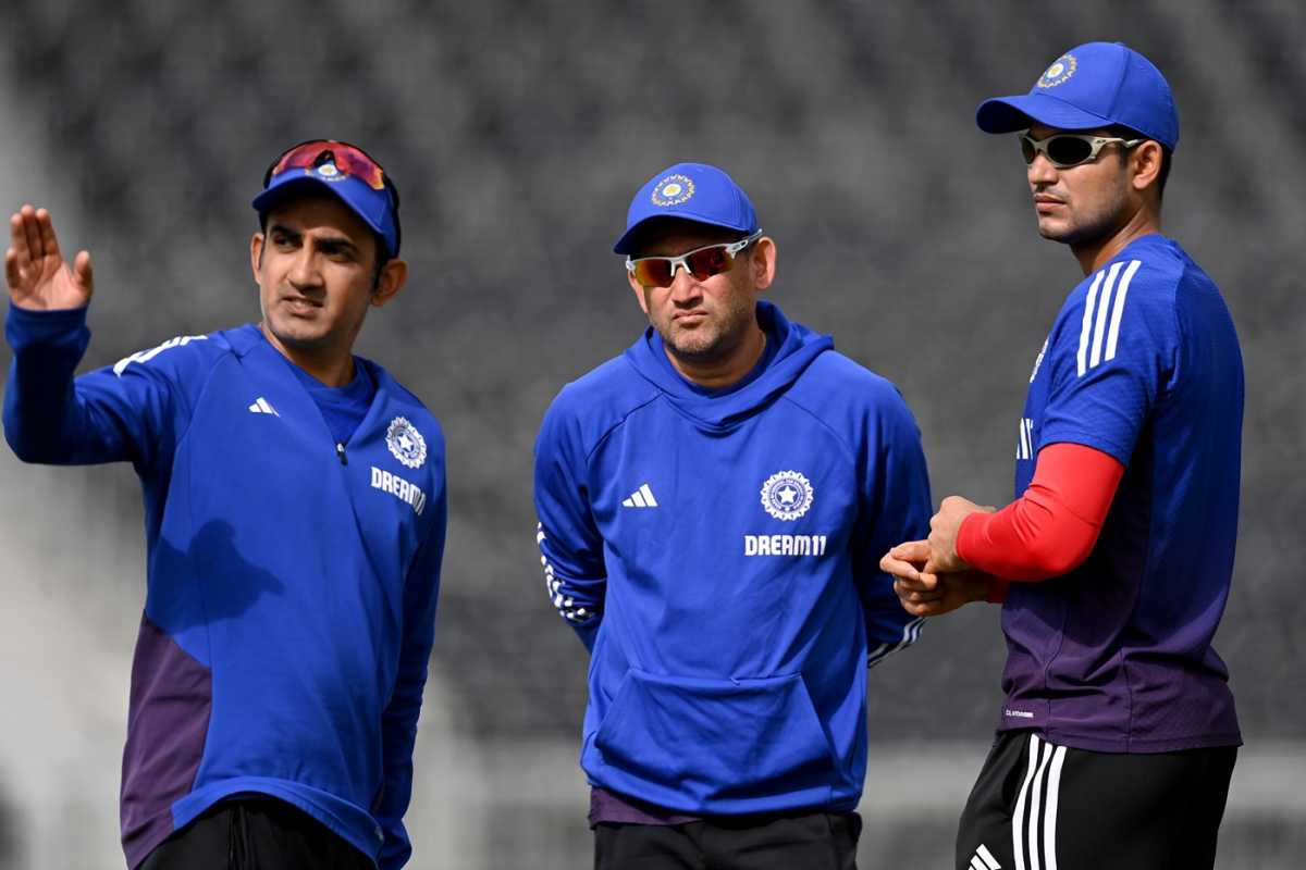 The Indian think tank - head coach Gautam Gambhir, chief selector Ajit Agarkar and captain Shubman Gill, England vs India, 4th Test, Manchester, July 21, 2025